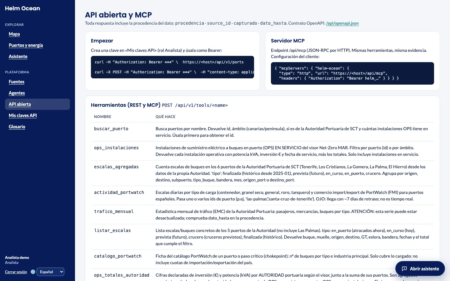 Documentación de la API abierta y del servidor MCP con la lista de herramientas