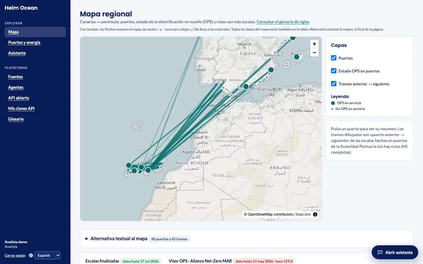 Pantalla del mapa regional con capas de puertos, estado OPS y tramos
